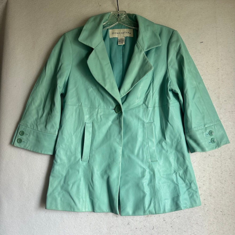 Doncaster Mint Green‎ Leather Jacket sz S 3/4 Sleeve Single Button Blazer Coat